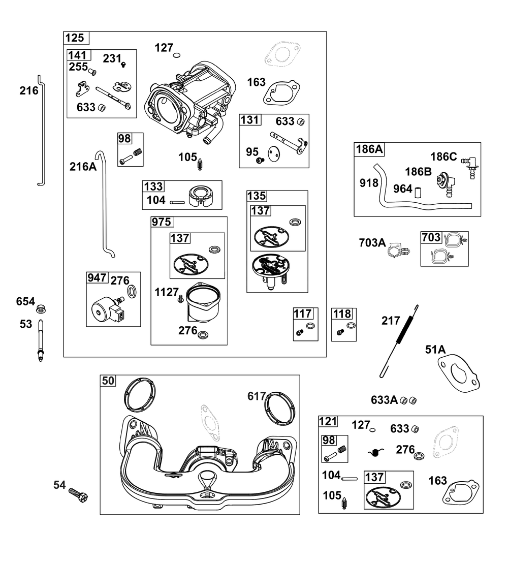 Carburetor Group Diagram and Parts List for 44U677-0020-B5 400000 - 699999 Briggs and Stratton Engine